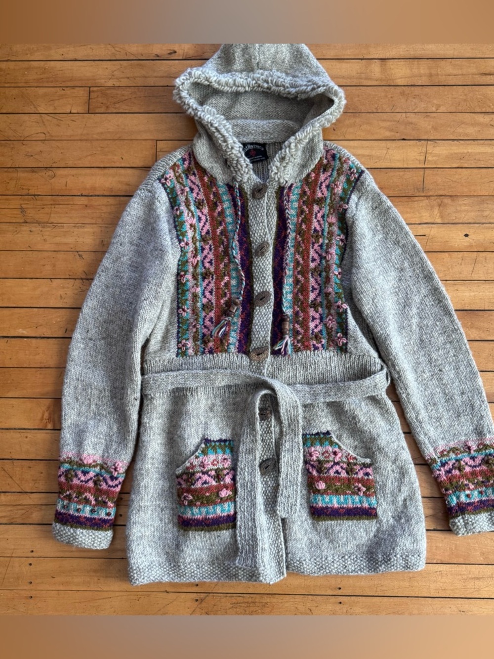 Lost Horizons Nepal Wool Small boho Hooded Sweater Full Zip Hoodie floral cream